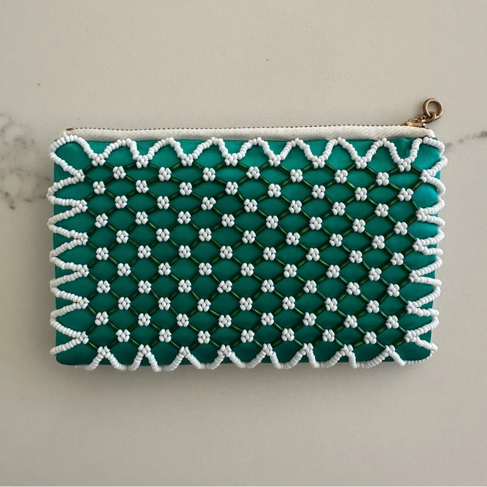 Vintage 1950s Green Silk Small Beaded Satin Pouch Emerald Green and White. 5.5